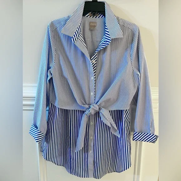 Chico’s Blue/White Stripe Tie-Front Button Down Coastal Classic Tunic Size LG - Picture 4 of 6